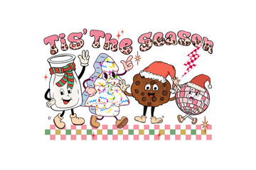 Funny Retro illustration of milk and cookie characters celebrating Christmas Sublimation Design