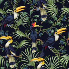 Tropic jungle birds vector seamless pattern with exotic parrots toucans leaves and branches