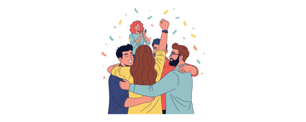 Fototapeta premium Group of joyful diverse young people embrace each other in a celebratory hug while confetti falls around them expressing successful teamwork and achievement