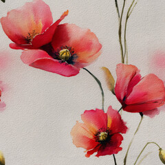 Vibrant watercolor illustration of Poppy Red poppies with warm Saffron Yellow accents and delicate Olive Green stems, perfectly rendered for Adobe Photoshop users seeking beautiful floral patterns for