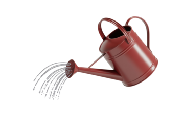 A classic red watering can actively pours water, symbolizing gardening, plant care, and nurturing growth. Essential tool. background removed