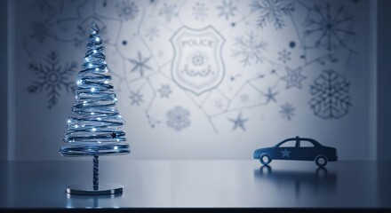 Stylized wire Christmas tree with lights and a toy police car against a snowflake and police badge background, symbolizing holiday law enforcement.