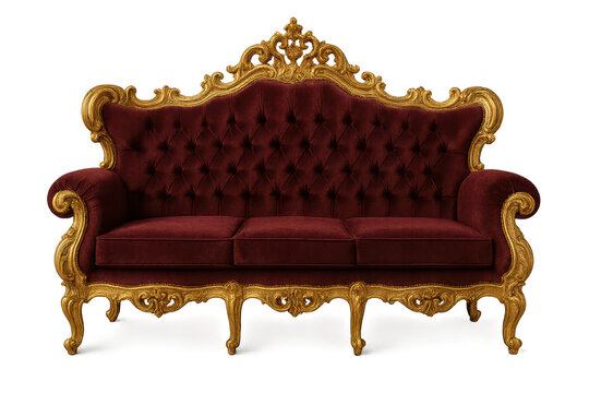 Elegant burgundy velvet sofa with golden frame isolated on transparent background