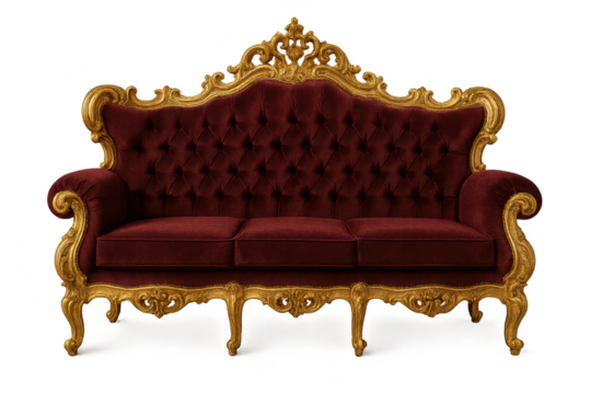 Elegant burgundy velvet sofa with golden frame isolated on transparent background