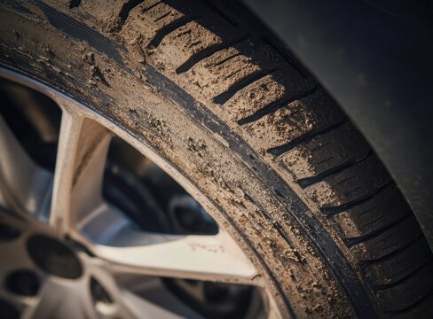 Muddy car tire and alloy wheel showcasing dirt and grime accumulation from driving on rough or unpaved terrain during outdoor travel or off-road adventure
