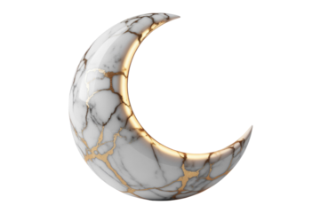 A luxurious white marble crescent moon with elegant gold veining and an inner glow, perfect for serene and upscale designs. background removed
