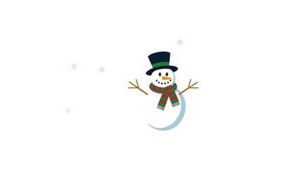 Charming cartoon snowman wearing a black top hat and green scarf with stick arms and carrot nose