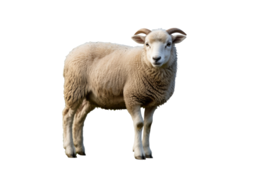 A charming white woolly sheep with small curved horns stands centrally, looking directly forward. Its thick fleece is clearly visible. background removed