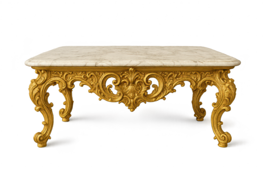 Luxurious golden antique table with marble top isolated on transparent background