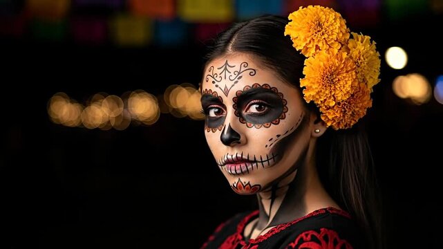 A Woman With Intricate Sugar Skull Face Paint And Yellow Marigolds In Her Hair Gazes Forward In Dim Lighting With Bokeh Background And Colorful Decorations