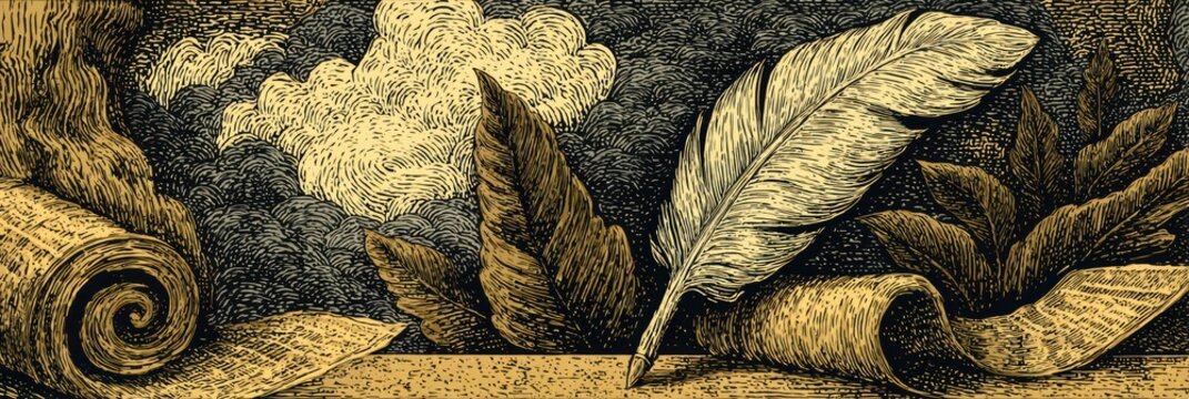 burns night illustration, retro burns night banner with vintage engraving of robert burns, feather quill, parchment scrolls, and muted sepia tones, and elegant composition
