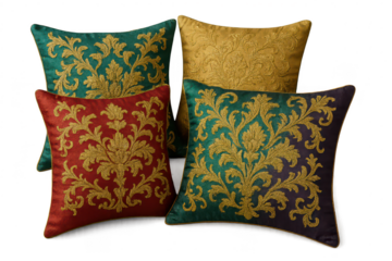 Elegant decorative throw pillows with gold floral embroidery, transparent background