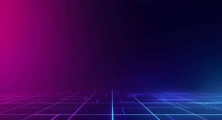 Abstract futuristic background with glowing neon grid lines on a dark surface, illuminated by vibrant magenta and blue gradient lighting for a technological or cyberspace theme