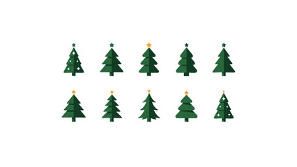 Fototapeta premium Collection of ten stylized green christmas trees with golden star toppers on a white background