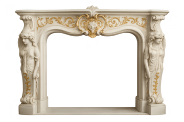 Elaborate fireplace mantelpiece with statues isolated on transparent background