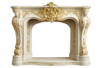 Elegant fireplace mantel with gold ornamentation isolated on transparent background