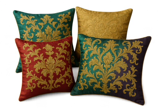 Elegant decorative throw pillows with gold floral embroidery, transparent background