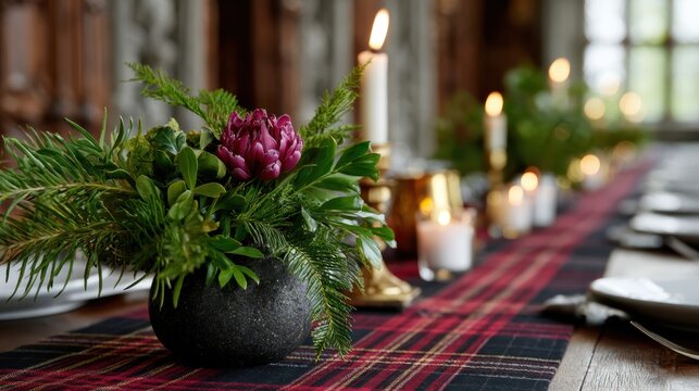 scottish burns supper, scottish heritage hall hosts an elegant burns supper with tartan runners, candles, haggis centerpiece, and a ceremonial bagpiper