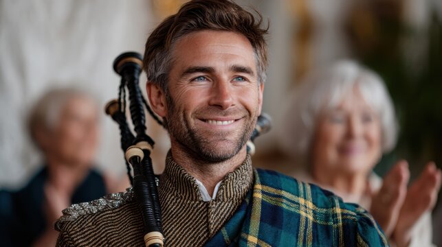 scottish tradition, bagpiper playing at a burns supper, with guests clapping and smiling in the background, wearing traditional kilts and tartan scarves in warm indoor light