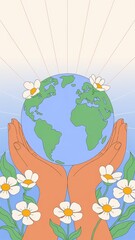 Naklejka premium Caring hands holding Earth surrounded by daisies art
