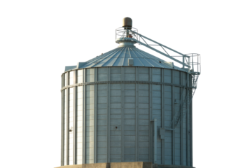 A modern galvanized steel grain silo stands tall against a solid transparent background, featuring a conical roof, access ladders, and safety railings. background removed