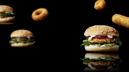 Chicken burger close up. Black backrgound