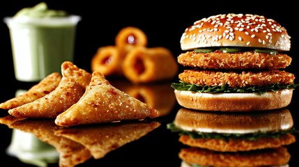 Chicken burger close up. Black backrgound