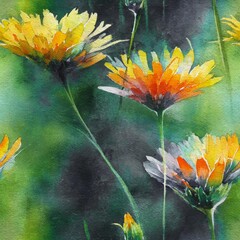 Vibrant watercolor painting capturing the delicate beauty of wildflowers, adorned with luminous Golden Yellow and dynamic Fiery Orange petals against a rich Forest Green landscape, perfect for enhanci