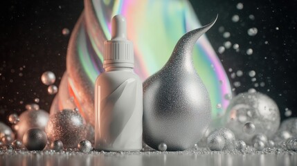 A close-up of a white cosmetic serum bottle