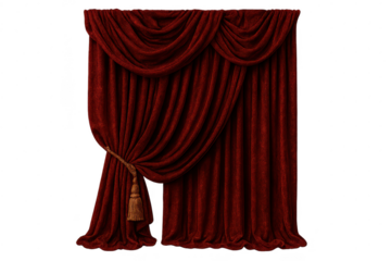 Elegant maroon curtains isolated on transparent background, luxurious design element