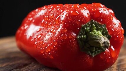 Fresh Red Bell Pepper with Water Droplets A Vibrant CloseUp of a Juicy Vegetable on a Rustic Wooden Surface Perfect for Healthy Eating and Culinary Concepts.