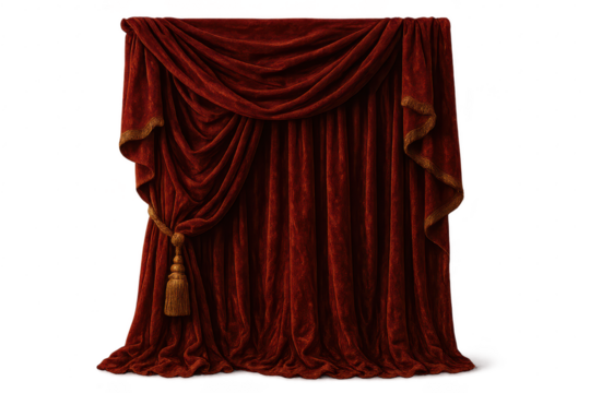 Isolated red velvet curtain with tassel on transparent background, elegant