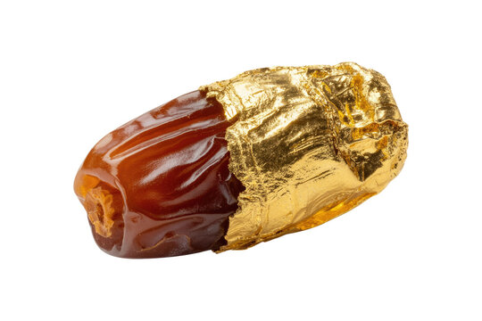 A luxurious date fruit partially covered in glistening gold foil, presented on a solid transparent background, highlighting its elegance. background removed