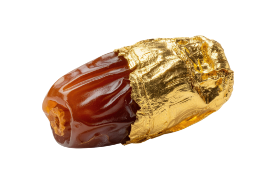 A luxurious date fruit partially covered in glistening gold foil, presented on a solid transparent background, highlighting its elegance. background removed