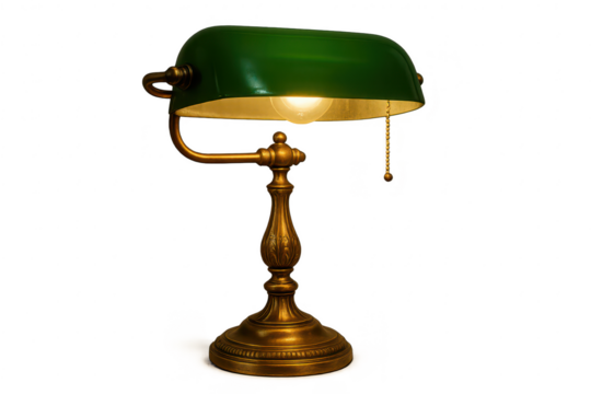 Classic green banker's lamp isolated on a transparent background, elegant design