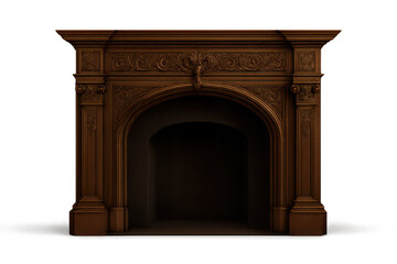 Ornate dark wooden fireplace mantel isolated on a transparent background