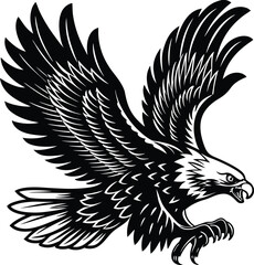 Eagle silhouette vector with sharp beak, focused eye, full body