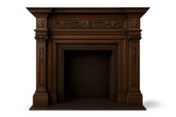 Ornate carved wooden fireplace mantel isolated on transparent background
