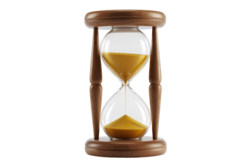 A vintage hourglass, measuring time with golden sand flowing through its glass bulbs, set in a traditional wooden frame. background removed