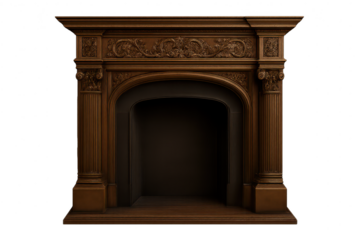 Ornate wooden fireplace mantel isolated on a transparent background, vintage style