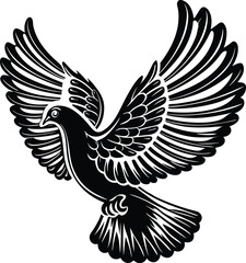 Dove silhouette vector flying with wings spread on white background
