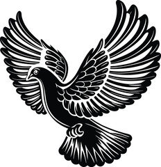 Dove silhouette vector flying with wings spread on white background