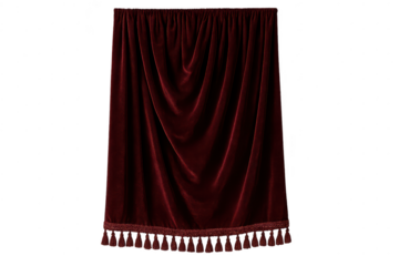 Elegant burgundy velvet curtain with tassels isolated on transparent background