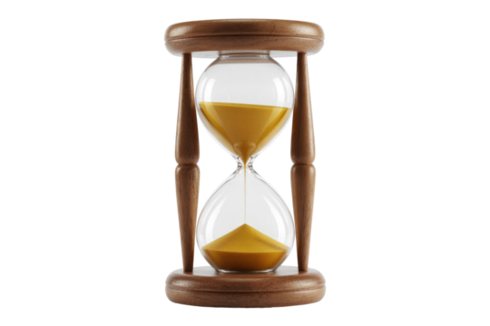 A vintage hourglass, measuring time with golden sand flowing through its glass bulbs, set in a traditional wooden frame. background removed - Powered by Adobe