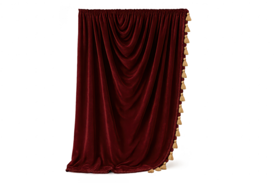 Elegant dark red velvet curtain with tassels isolated on transparent background