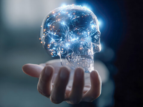 A transparent skull with glowing neural network connections is floating above an outstretched hand symbolizing futuristic artificial intelligence and human cognition
