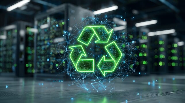Green recycling symbol glowing in a digital environment with server racks in the background