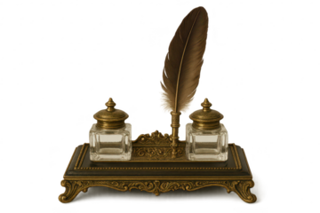 Antique inkwell with feather isolated on a transparent background, ornate detail