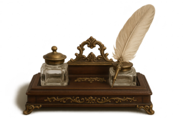 Vintage inkwell with feather pen isolated on transparent background, ornate style