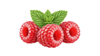 Three ripe red raspberries with a fresh green mint leaf sprig garnish, isolated on a clean white background.